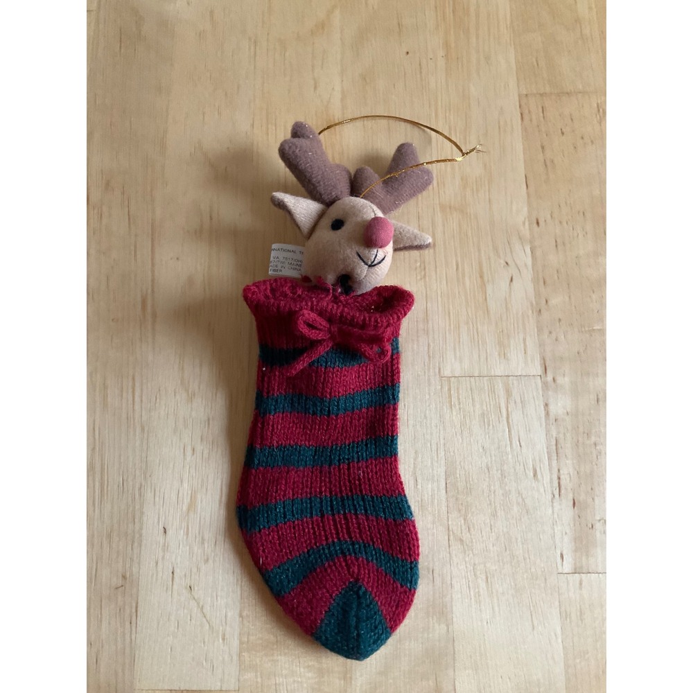 Vintage 1999 Four Star International Reindeer Plush Stocking Ornament Red Green
